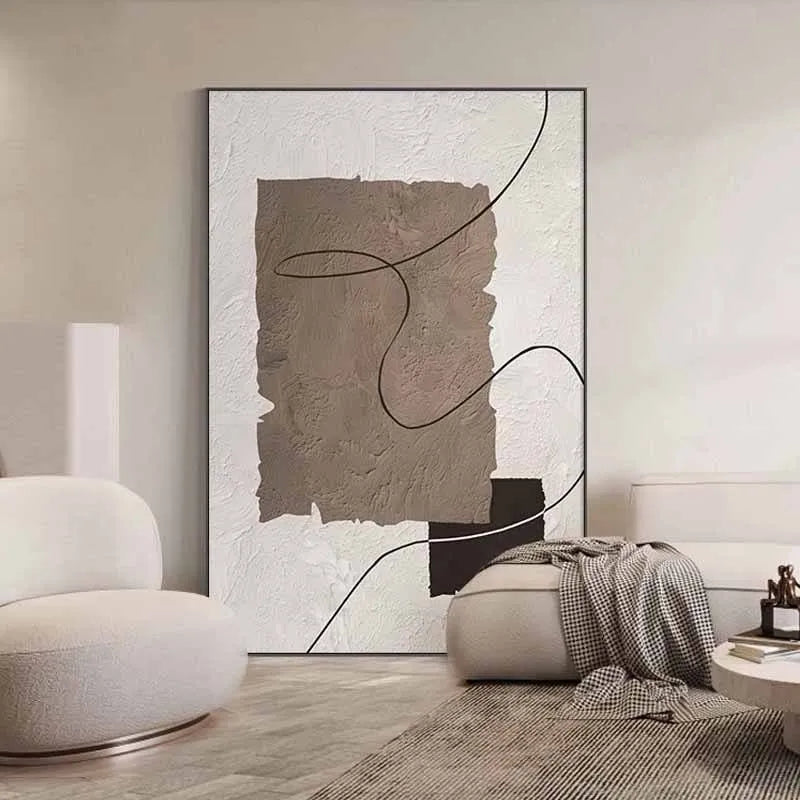 Hand-painted abstract oil painting on canvas, rolled frameless vertical wall art in brown beige for living room or bedroom decor