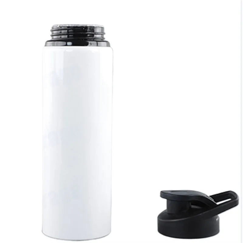 White aluminium sports water bottle with screw cap in 600ml and 750ml sizes for cycling and workouts