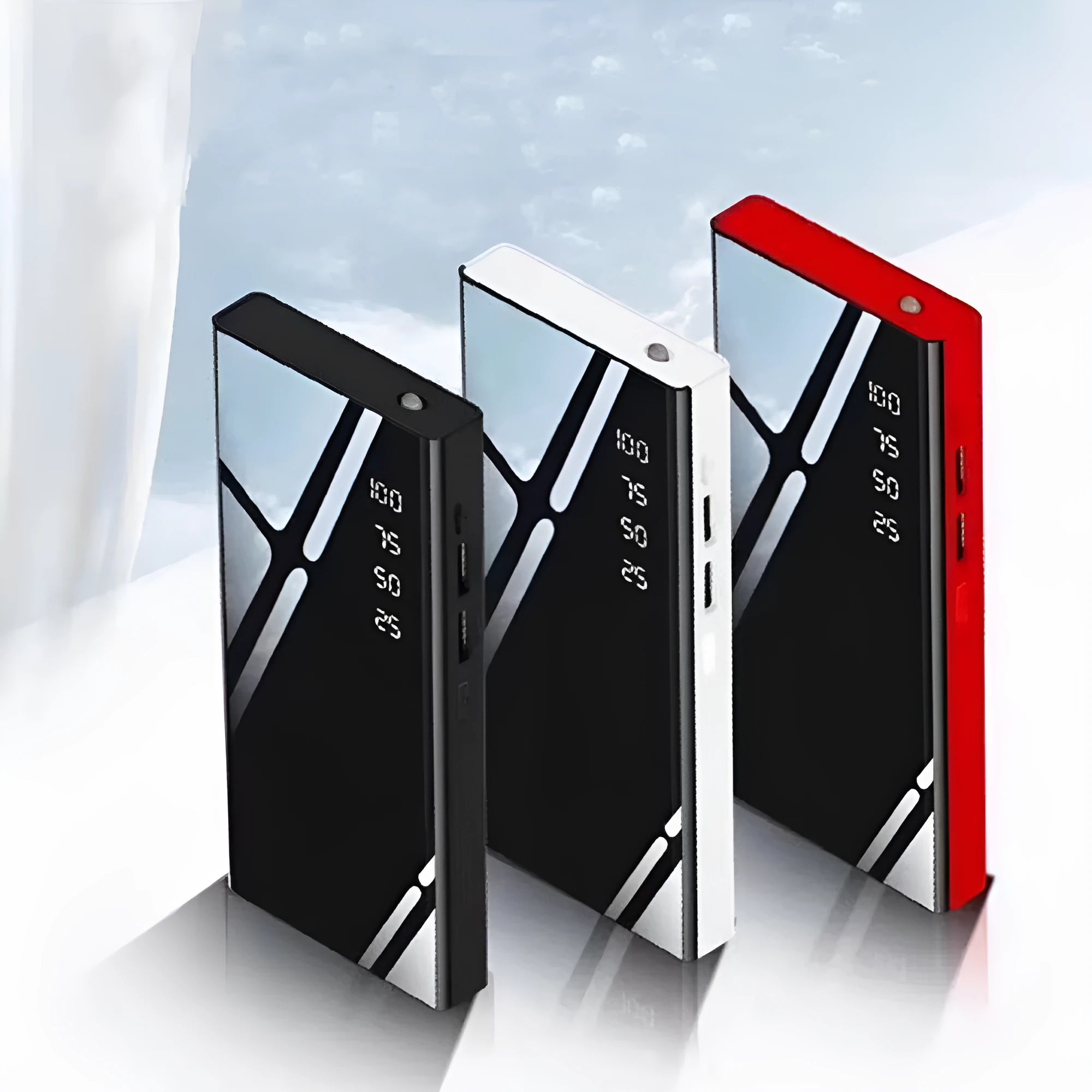 Black 20000mAh portable power bank with LCD screen and dual USB ports on a white background.
