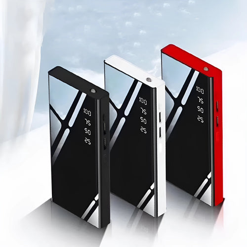 Black 20000mAh portable power bank with LCD screen and dual USB ports on a white background.