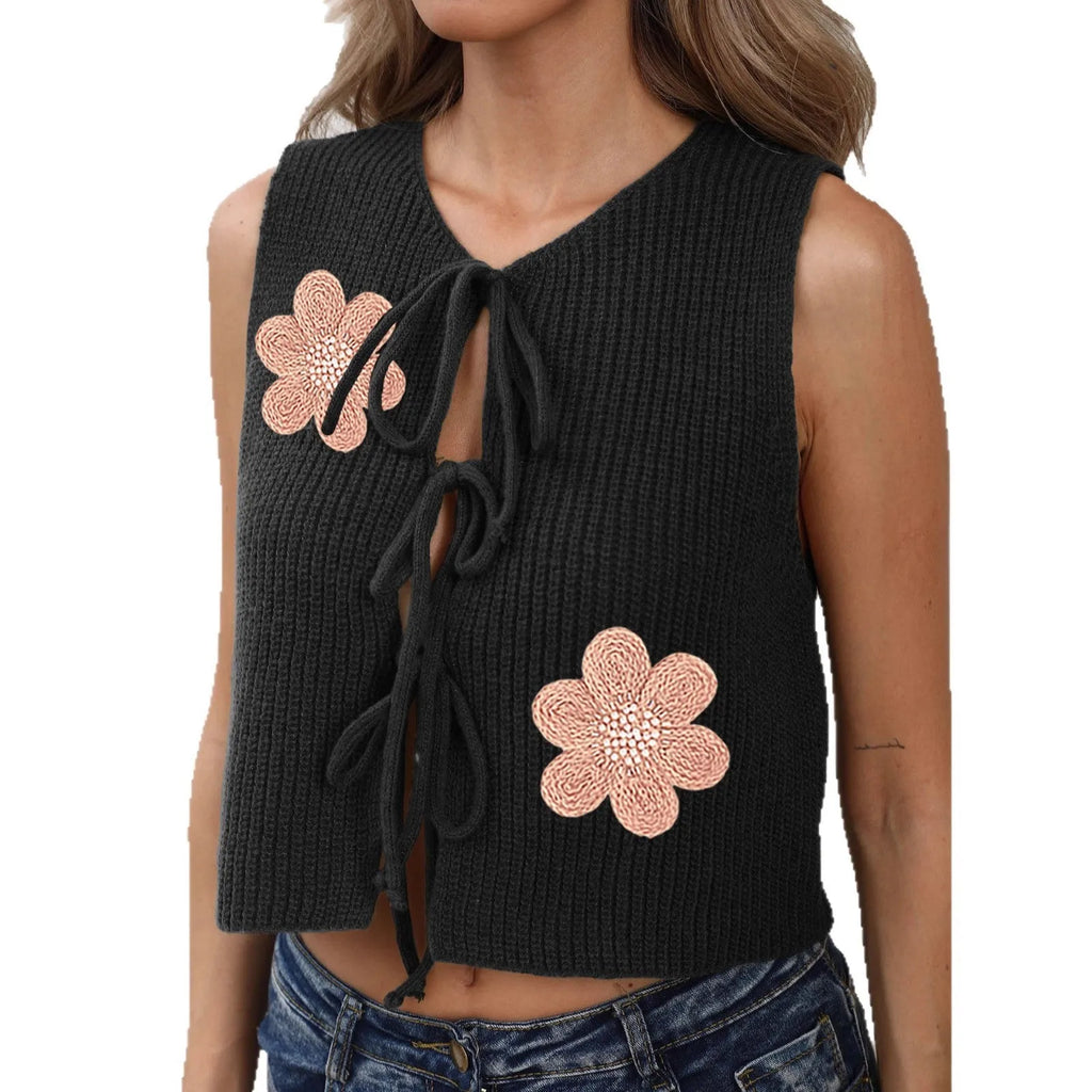 Ladies' lace-up bow cardigan vest in deer plush polyester fabric with adjustable straps and apricot flower pattern