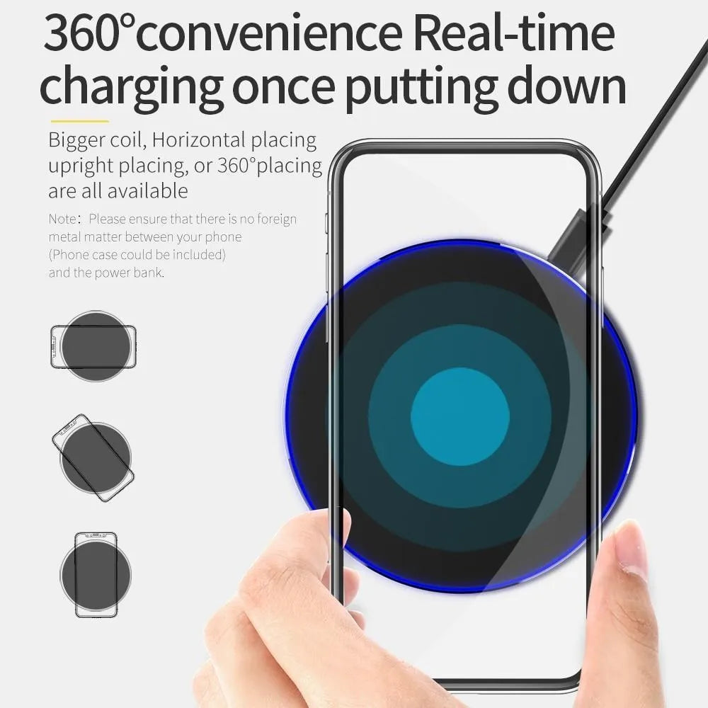 Ultra-thin black wireless charging pad with QI fast charge capability measuring 98x98mm