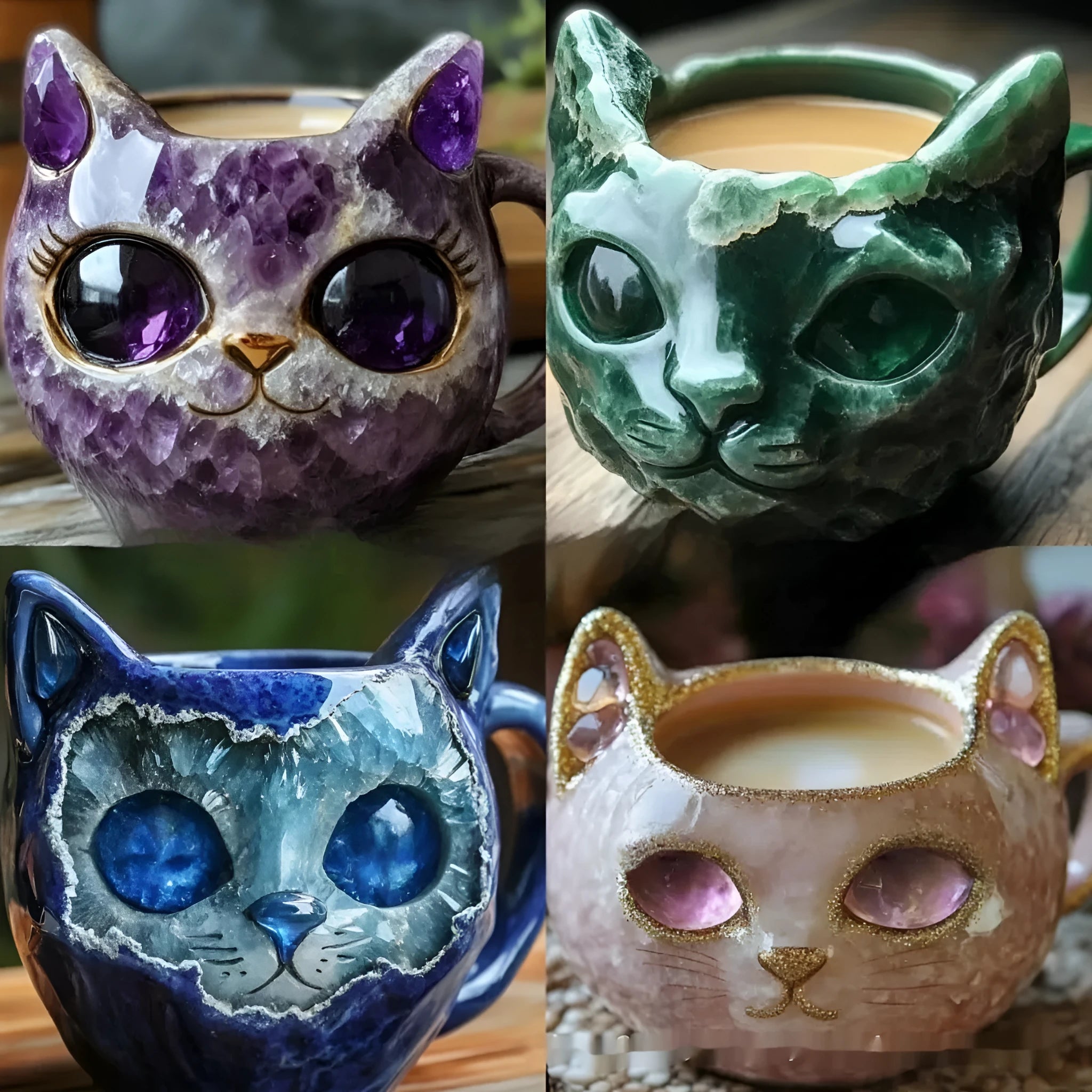 Handmade geode crystal cat mug in synthetic resin showing pastoral style design
