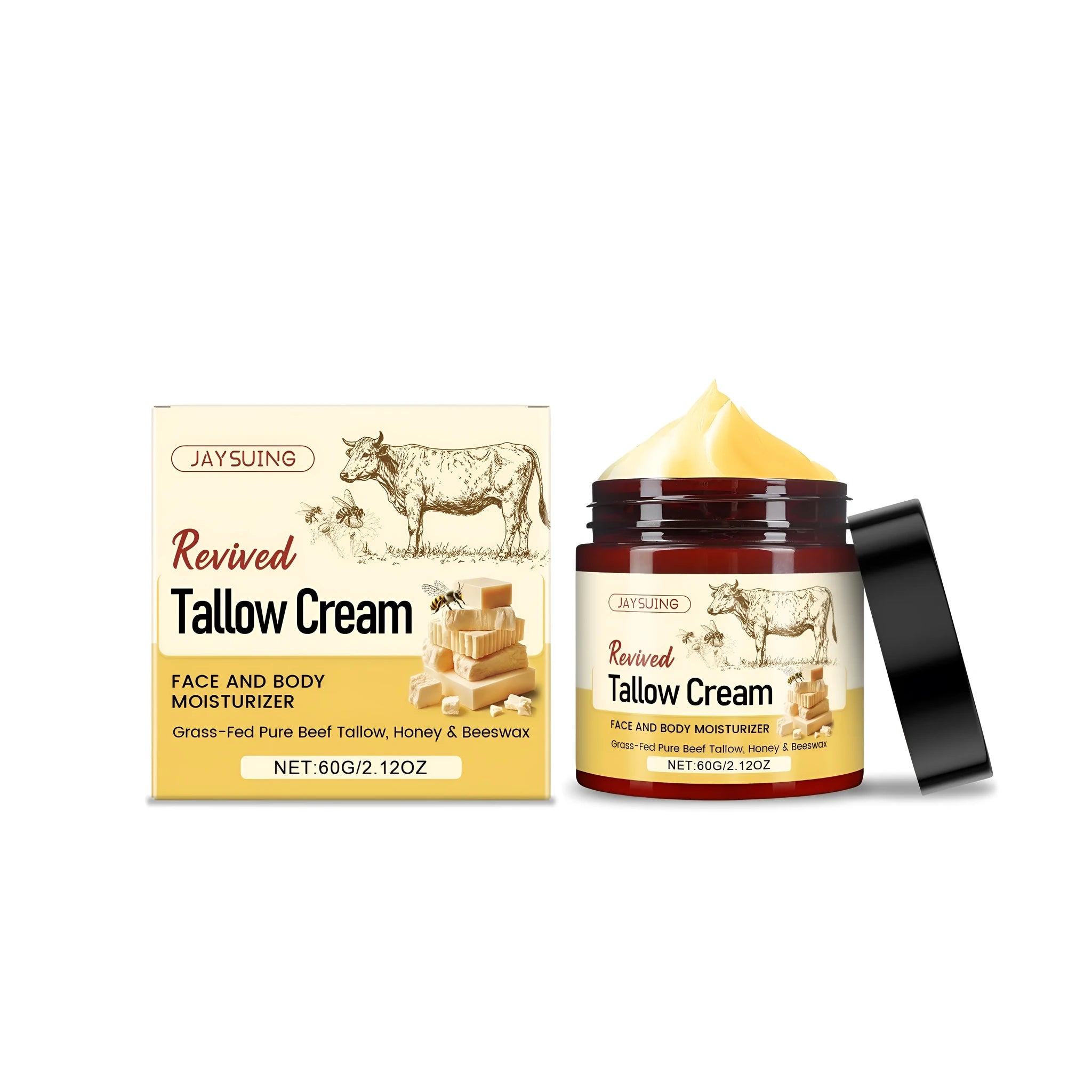 60g jar of tallow moisturising cream with honey, beeswax and olive oil formulation