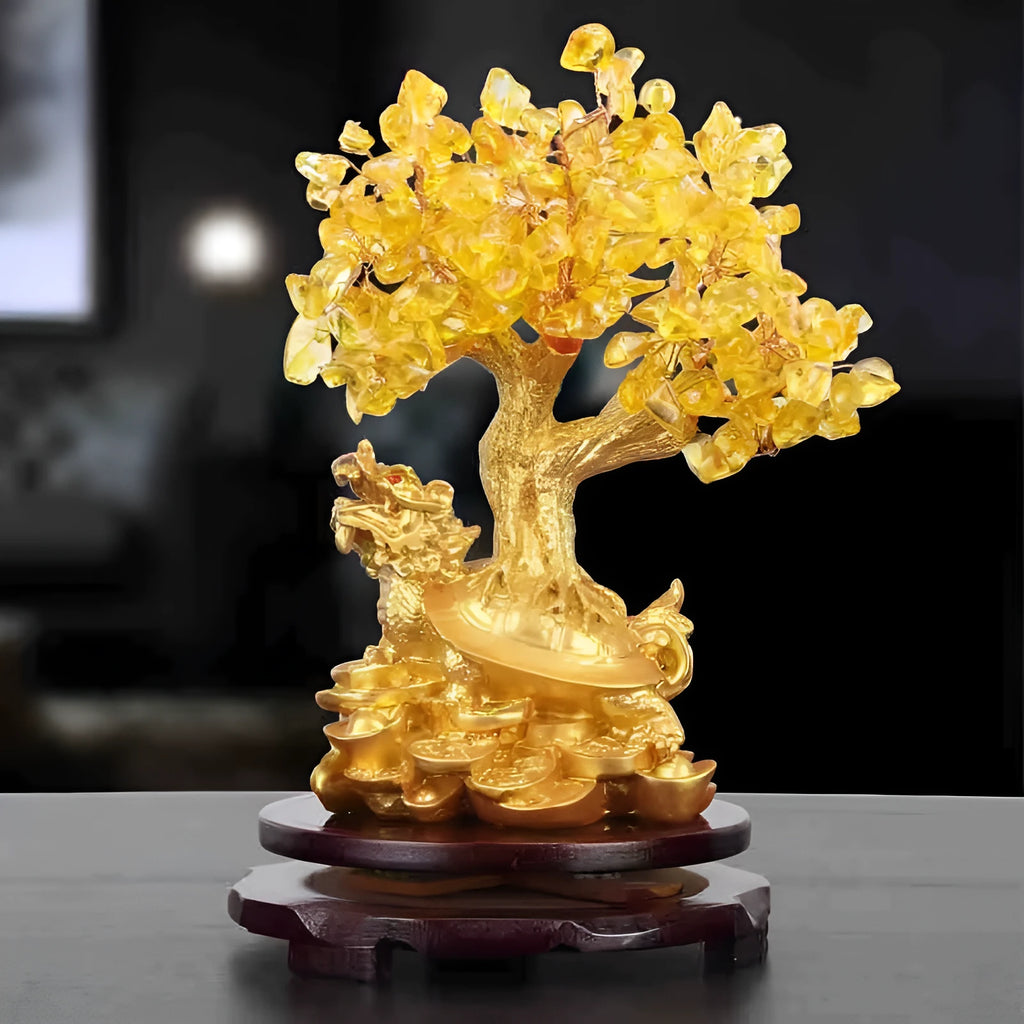Citrine-coloured small water turtle money tree Feng Shui ornament made of resin.