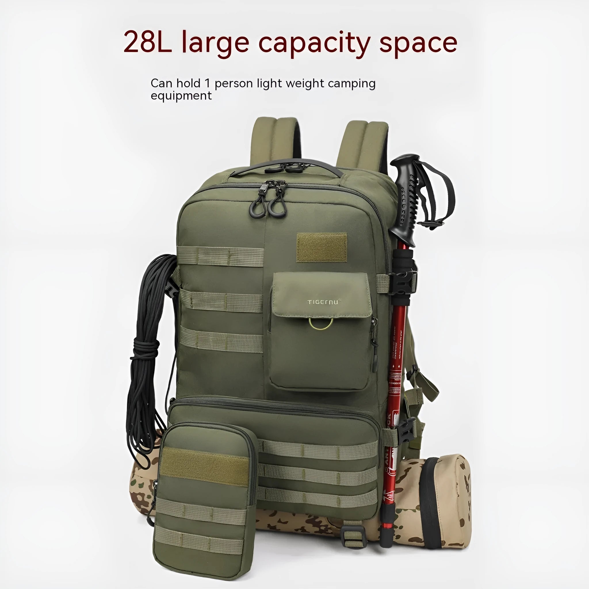 Army Green tactical backpack with waterproof nylon construction and 17 inch size