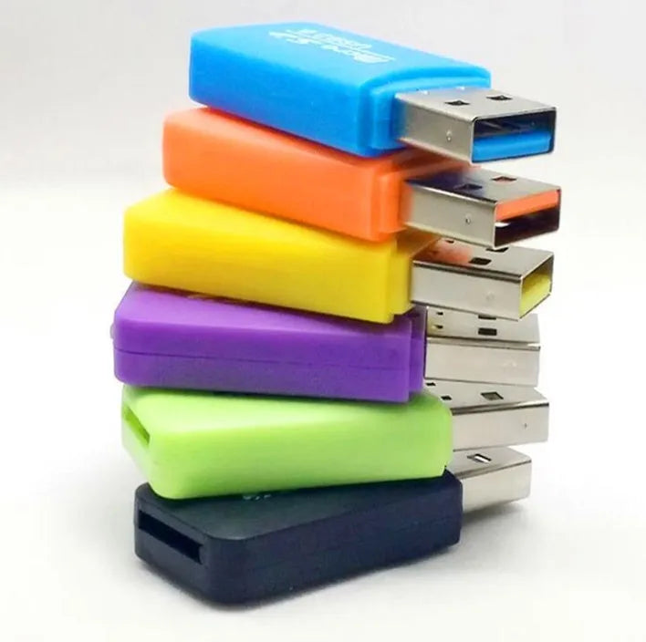 Mini USB TF and SD card reader with transfer adapter on a white background.