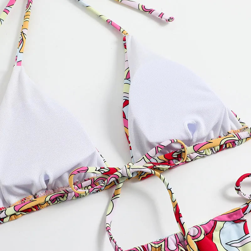Women's triangle printed bikini with separate pieces and hanging neck design in multicolour pattern