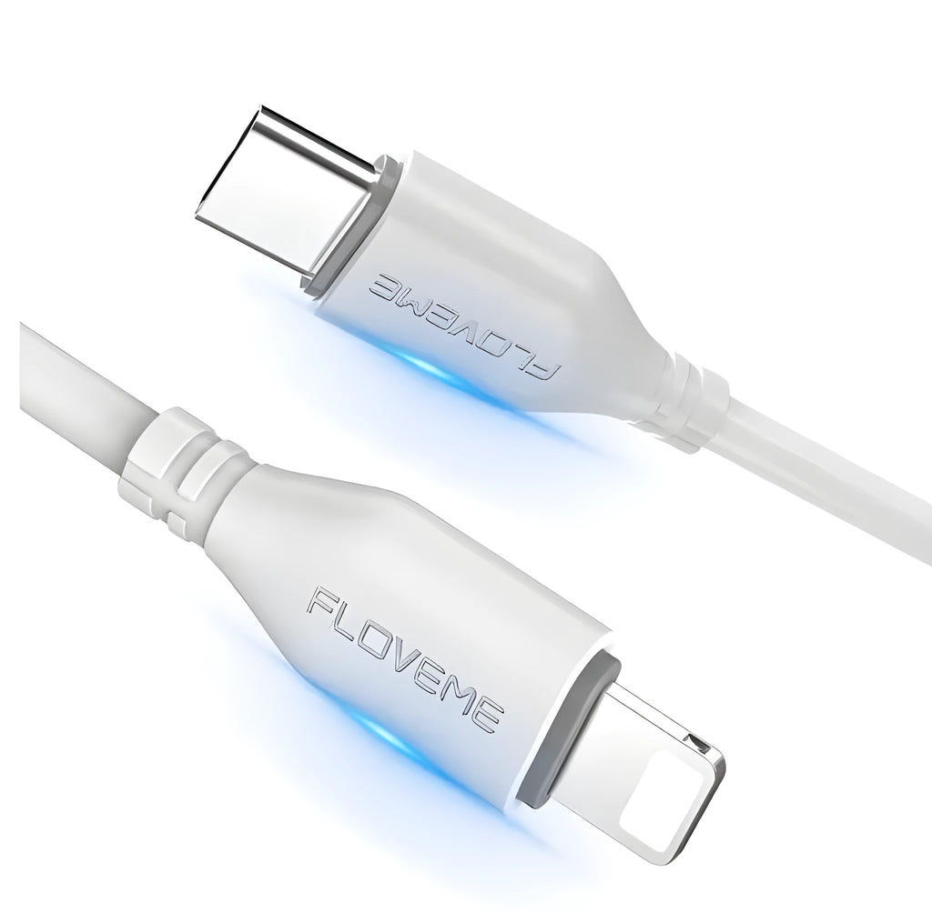 White braided nylon Apple USB-C to Lightning cable measuring 1 metre with aluminium connectors