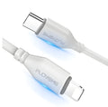 White braided nylon Apple USB-C to Lightning cable measuring 1 metre with aluminium connectors