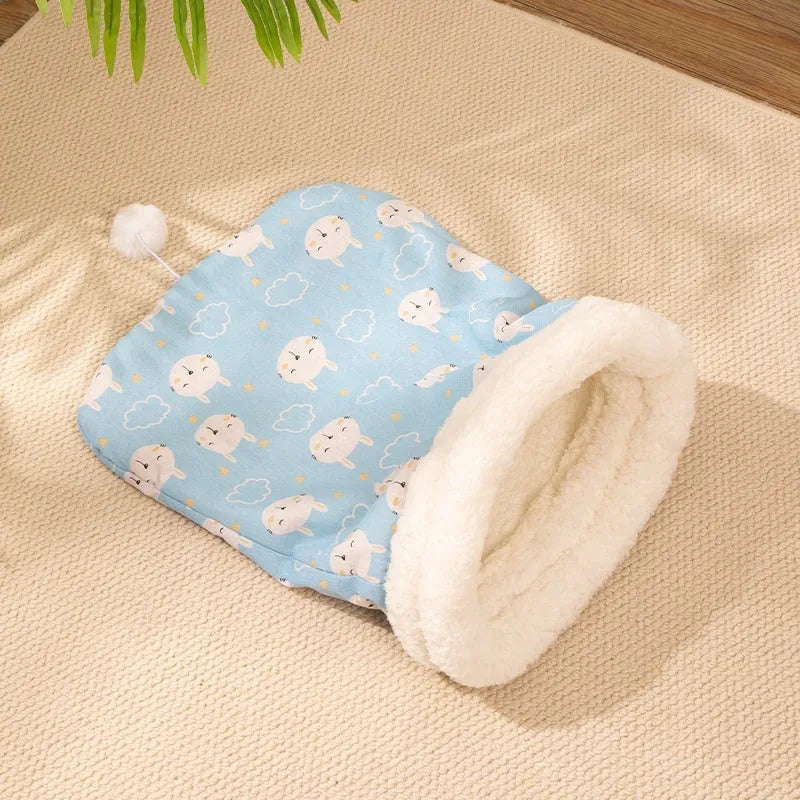 Blue rabbit pattern flannel pet sleeping bag nest bed measuring 50 by 40 cm for cats