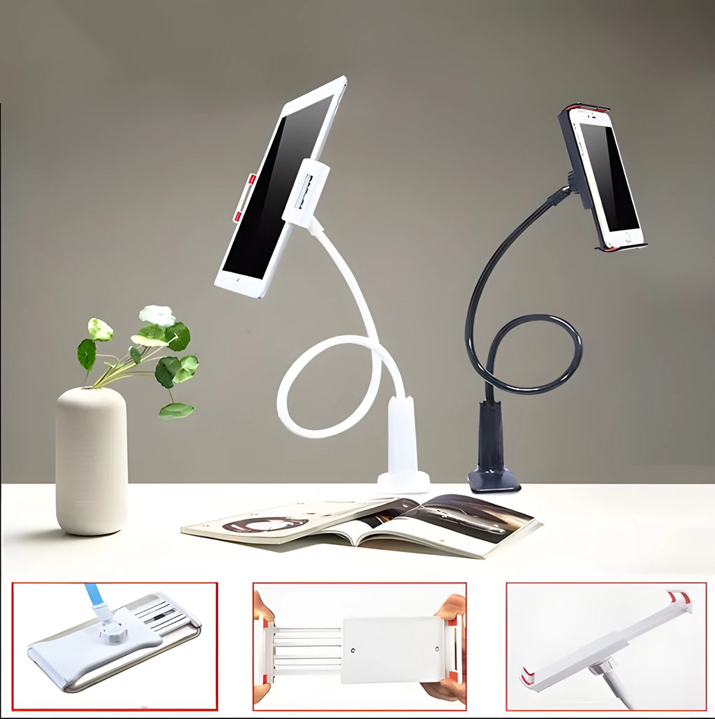 Black aluminium alloy bedside phone stand with a long flexible arm holding a mobile phone on a table.