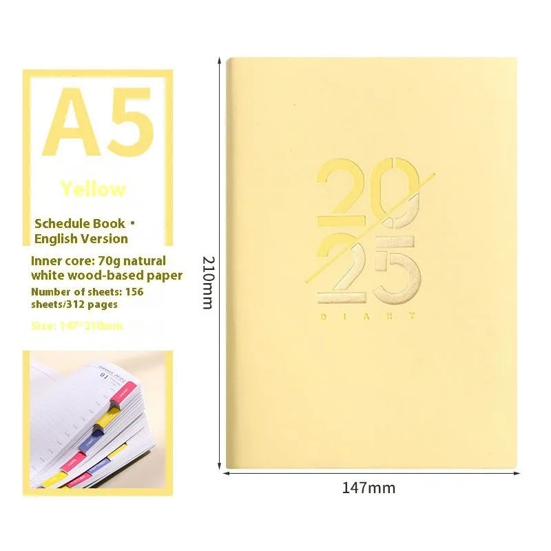 A5 2025 daily planner schedule book with faux leather cover shown in blue colour option