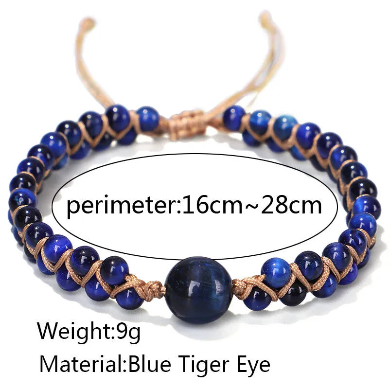 Handwoven geometric pull bracelet made from blue Tigereye stone beads with amethyst details