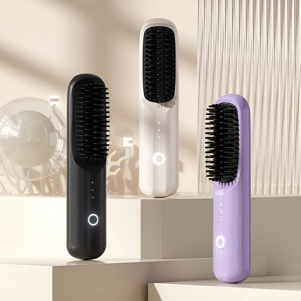 Anion wireless straightening comb in beige, pink, purple, or black with Type-C charging port.
