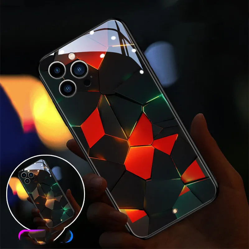 Xpress 14 tempered glass iPhone case with illuminated diamond grid pattern lighting up.