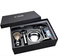 CSB men's shaving set with badger hair brush, chrome razor and stand, zinc alloy bowl, and blades in black box.