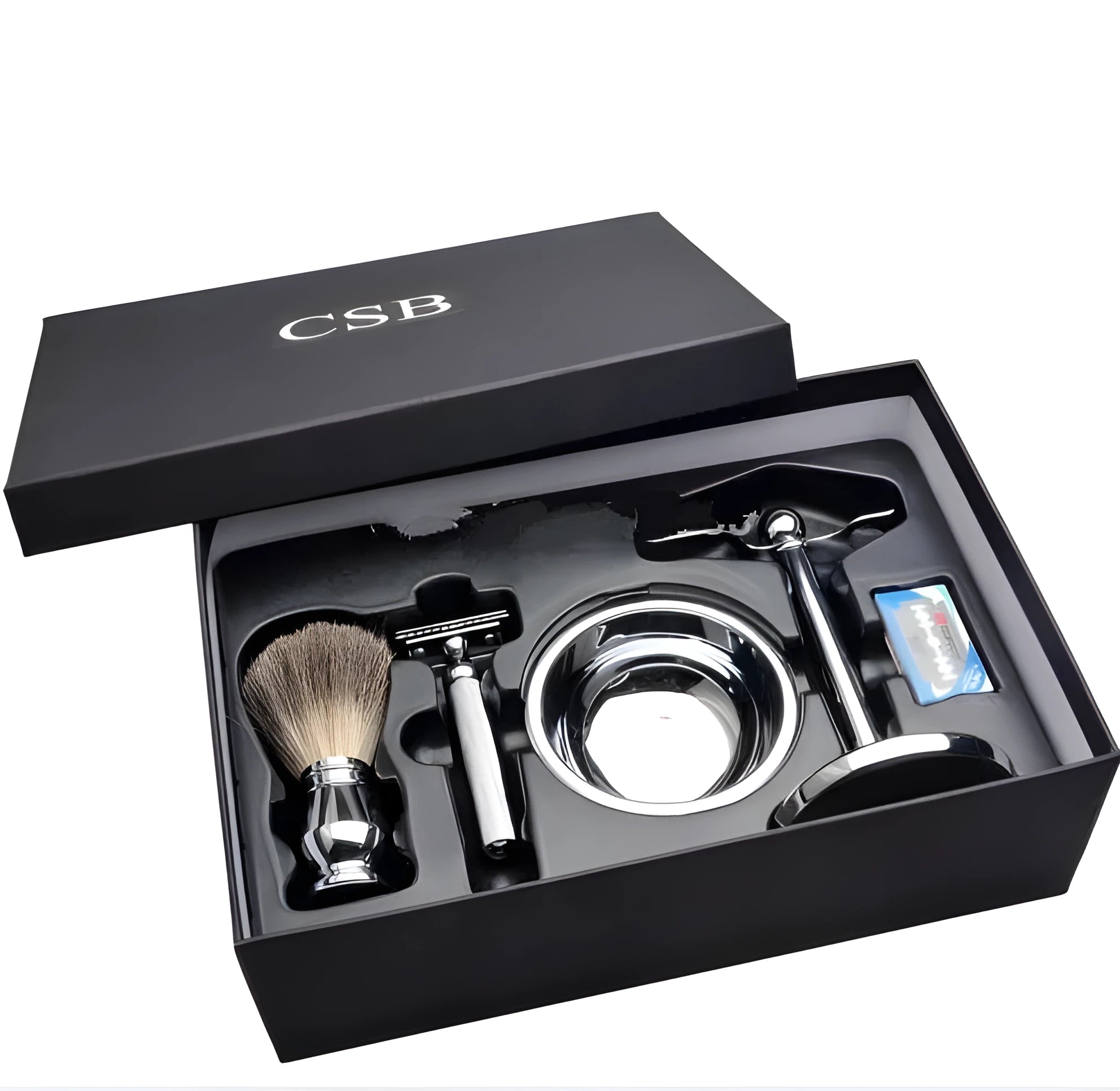 CSB men's shaving set with badger hair brush, chrome razor and stand, zinc alloy bowl, and blades in black box.