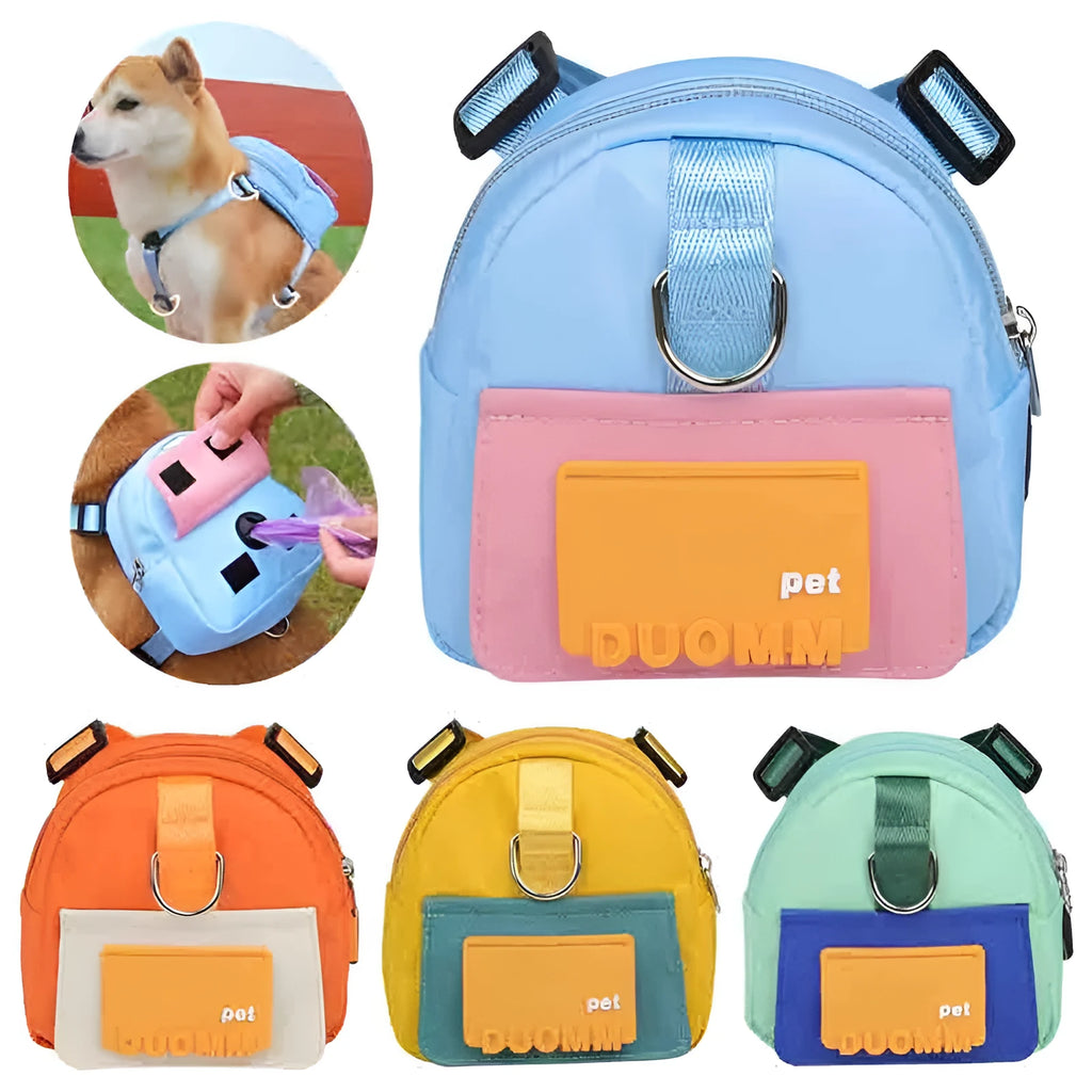 Blue adjustable dog backpack harness with storage compartments and a tow rope attached.