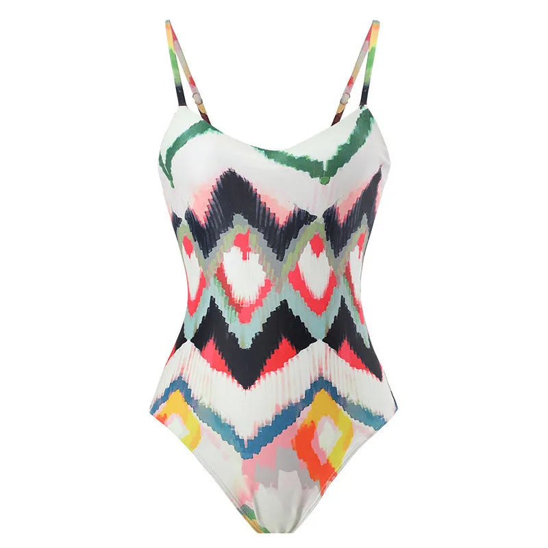 Women's two-piece swimsuit with detachable high-waist hip skirt in striped pattern