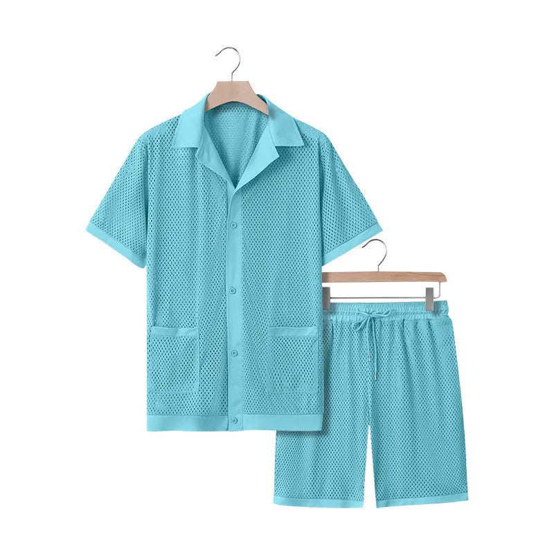 A woman wearing a light blue see-through cardigan and matching shorts from the Hawaii beach set.