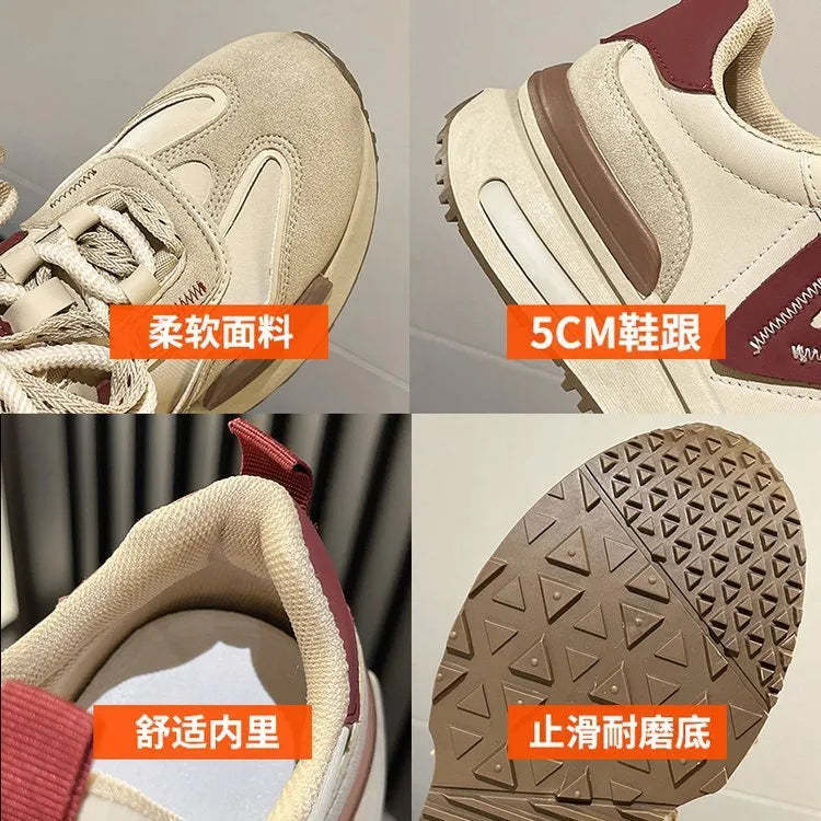 Women's black and khaki red retro platform sports shoes with round toe and front lace-up.