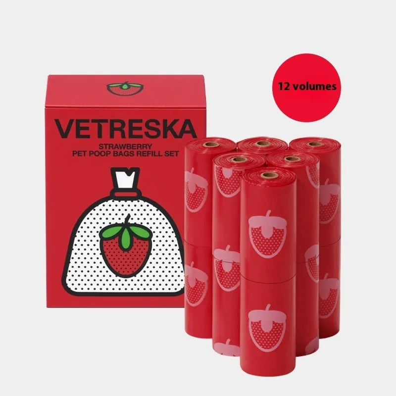 Portable dog poop bag dispenser capsule with scented inner bags in strawberry, orange and cherry blossom options