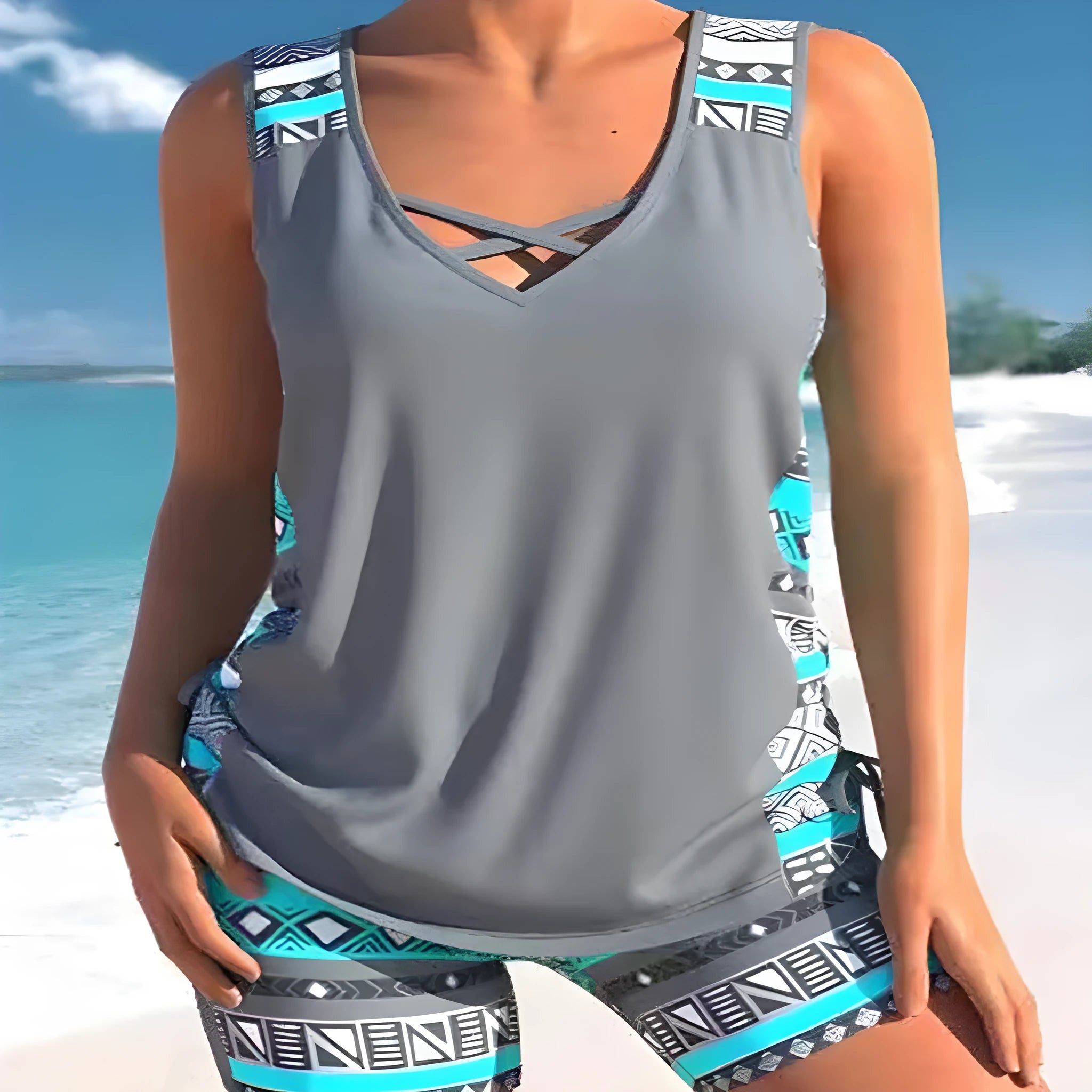 Blue floral printed lace two-piece women's swimsuit with removable padded top.