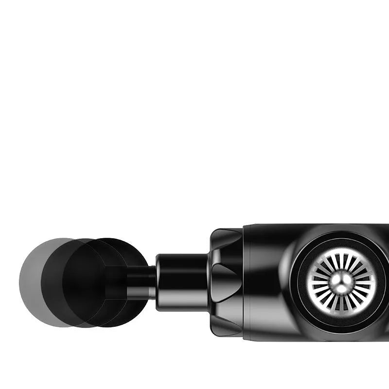 Black and white muscle massage gun with adjustable speed control and lithium battery power
