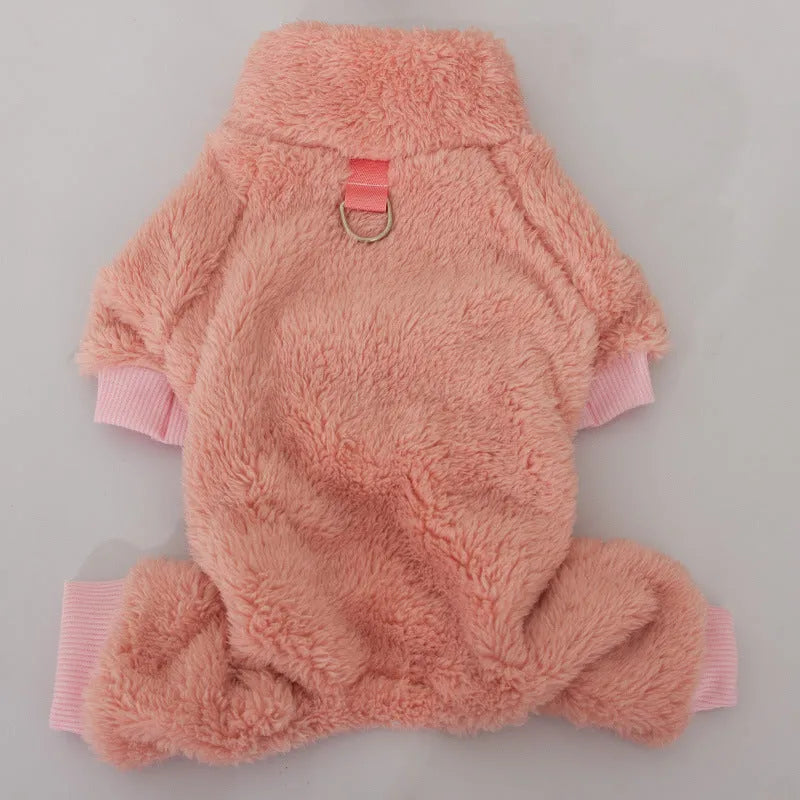Blue double-sided plush dog clothes with high collar and towing ring for autumn winter wear
