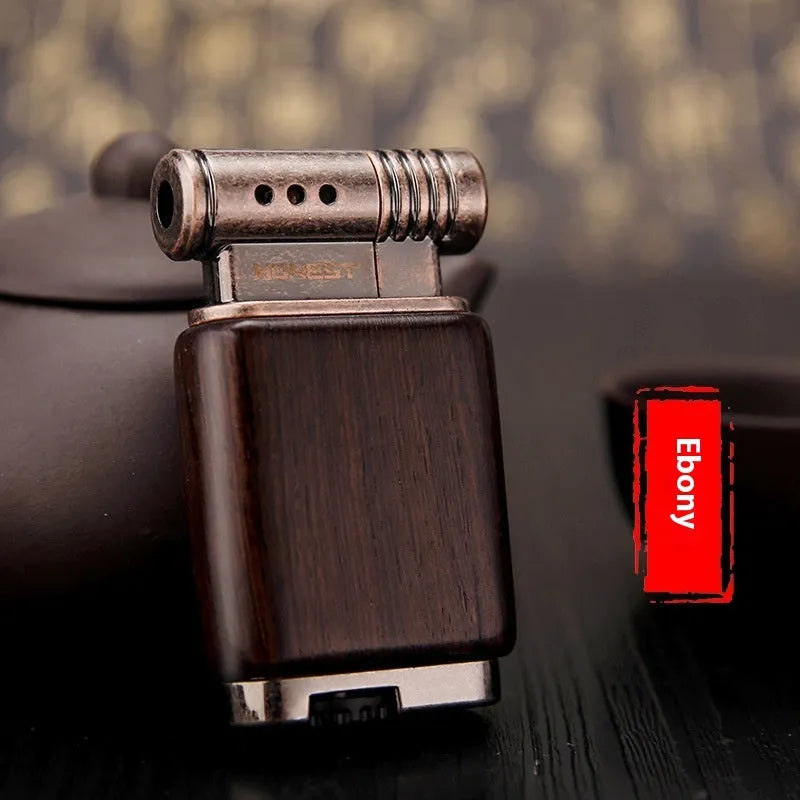 Ebony gas lighter showing four wooden design variations: Black Wood, Rosewood Sun Surface, Rosewood Good Luck and Red Wood Tube