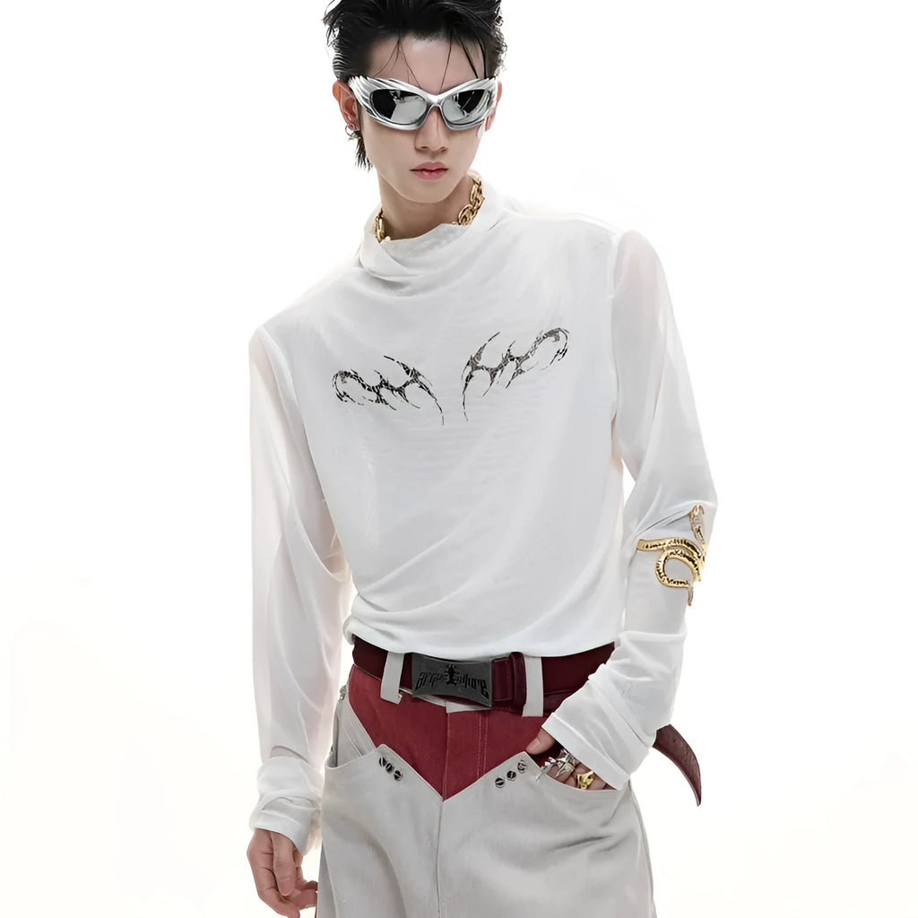 Black slim fit long sleeve niche mesh shirt for men on a white background