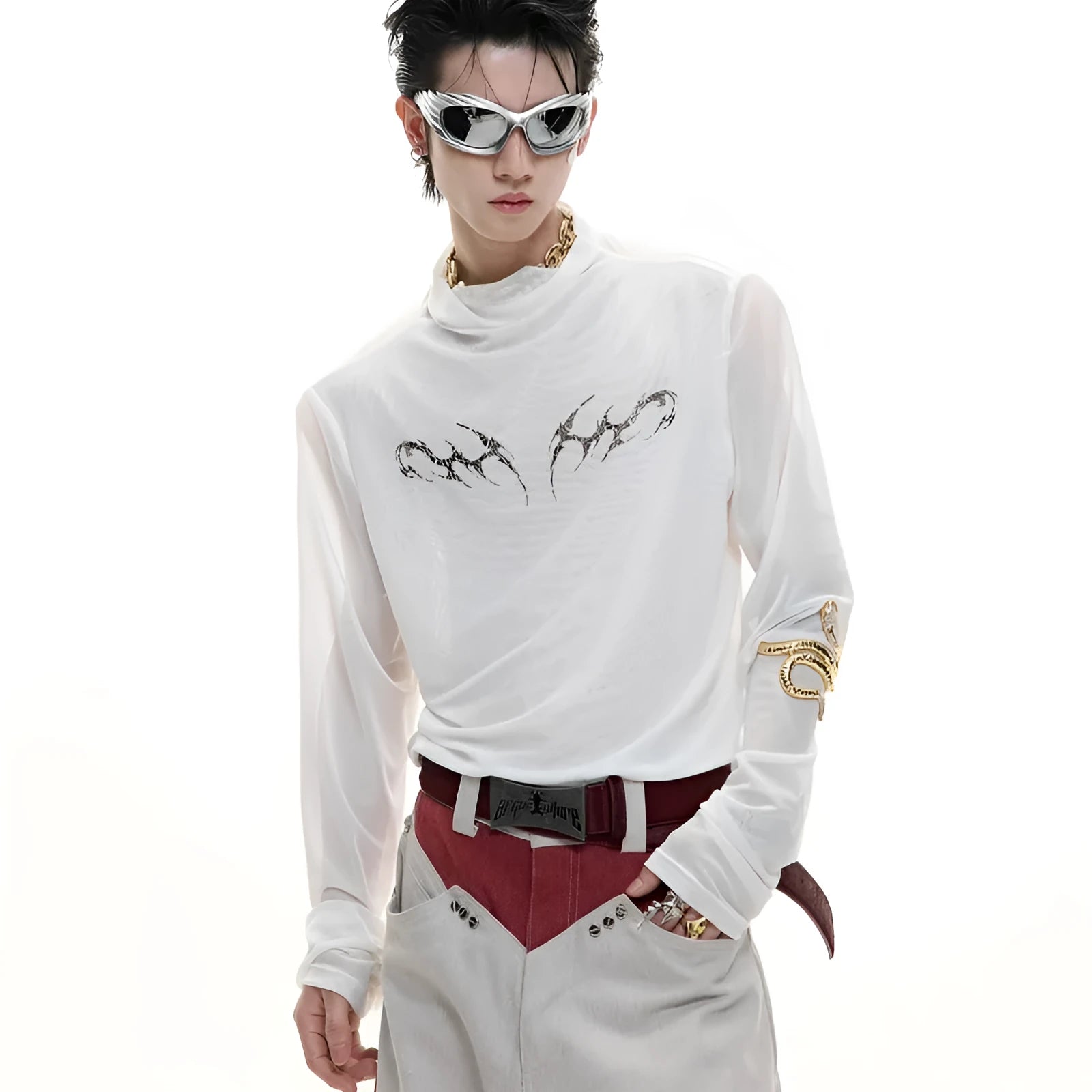 Black slim fit long sleeve niche mesh shirt for men on a white background