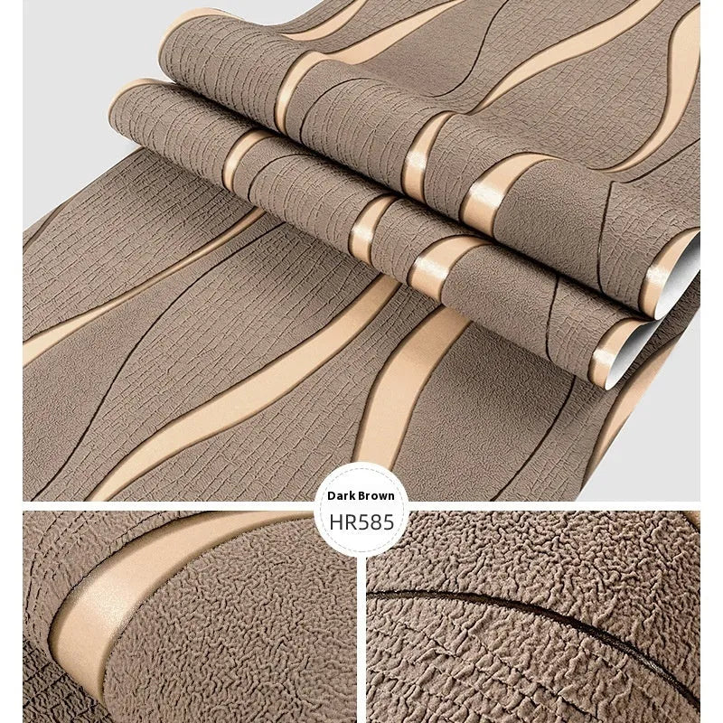 3D curved stripe decorative wallpaper with deerskin velvet texture in light grey and dark brown colours