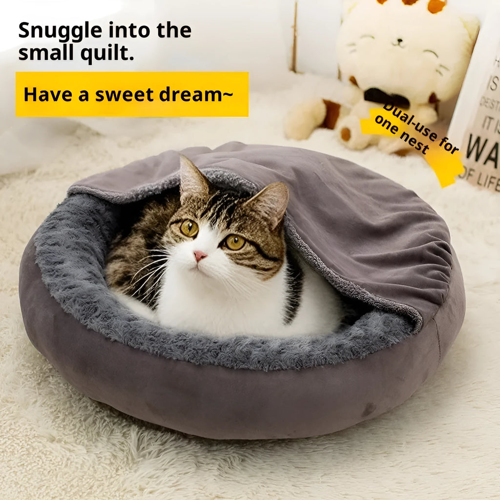 Round dark grey cat bed with thickened flannel surface, available in 50cm, 60cm and 70cm diameters