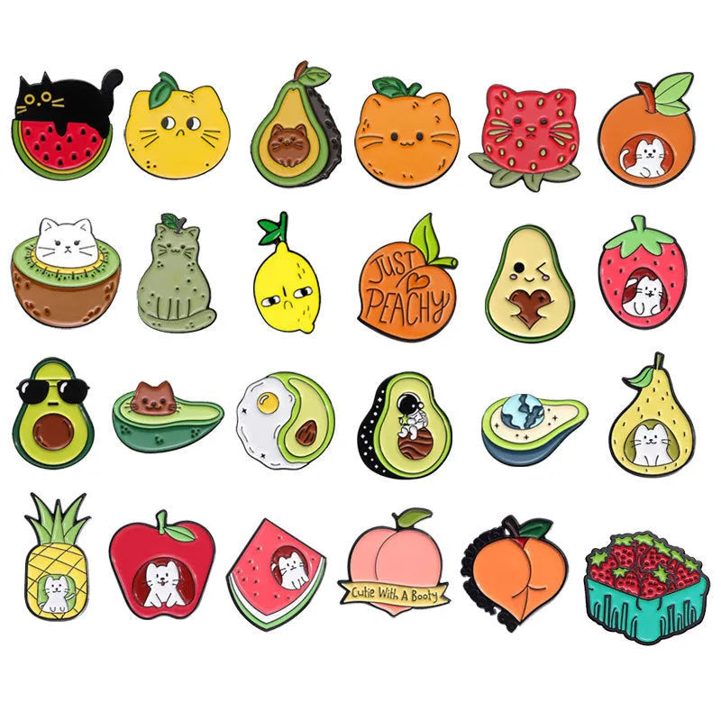 Colourful cartoon fruit and letter design metal brooch made from zinc alloy.