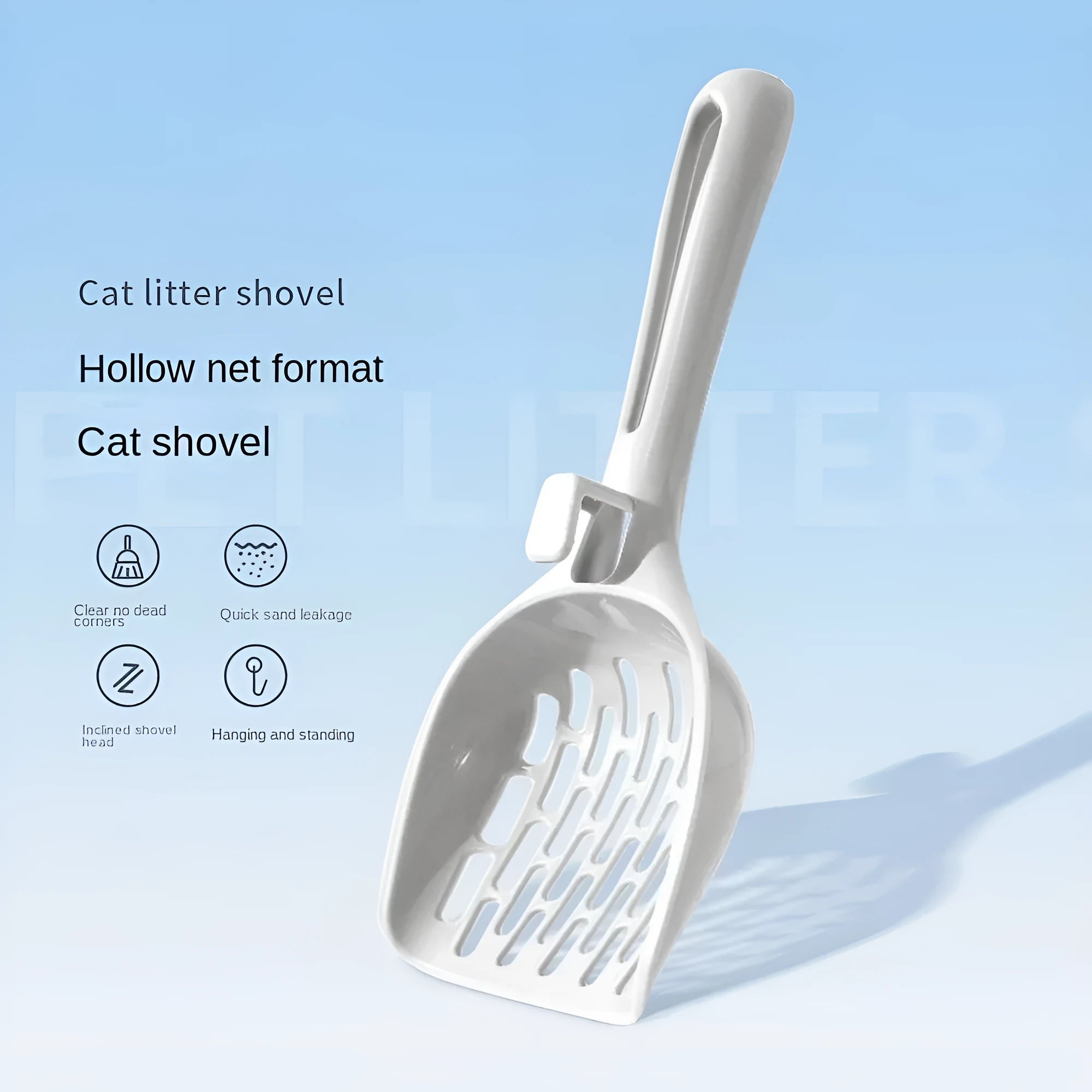Grey plastic cat litter scoop with anti-slip handle sitting on its matching plastic base tray.