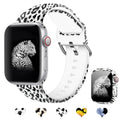 Printed silicone watch strap for Apple Watch showing size and design options.
