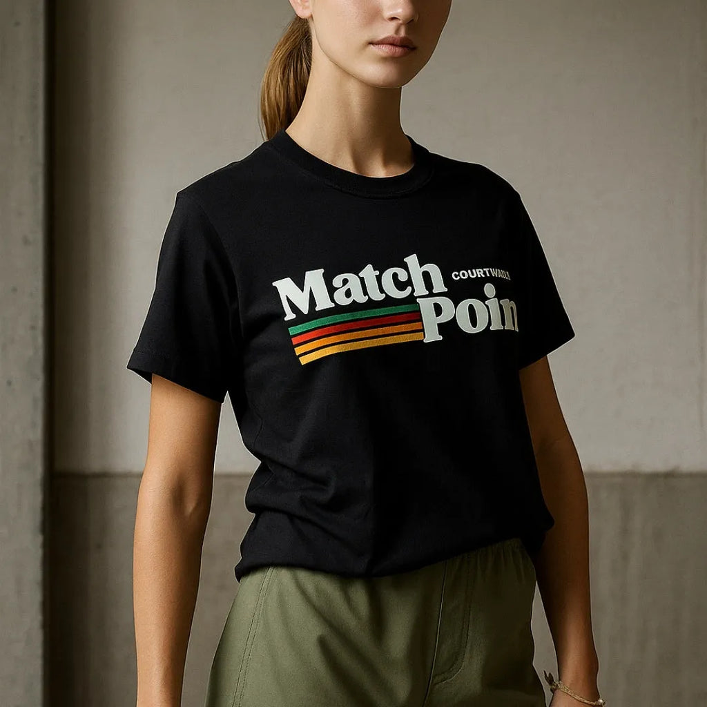 Black men's casual t-shirt with a digital text pattern print on the front, showing short sleeves and a round neck.