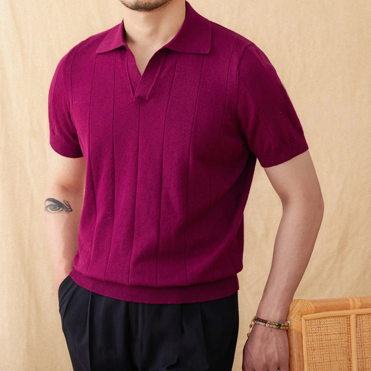 Cotton and linen blend polo shirt with sunken stripe knitted pattern and seagull collar in multiple colour options