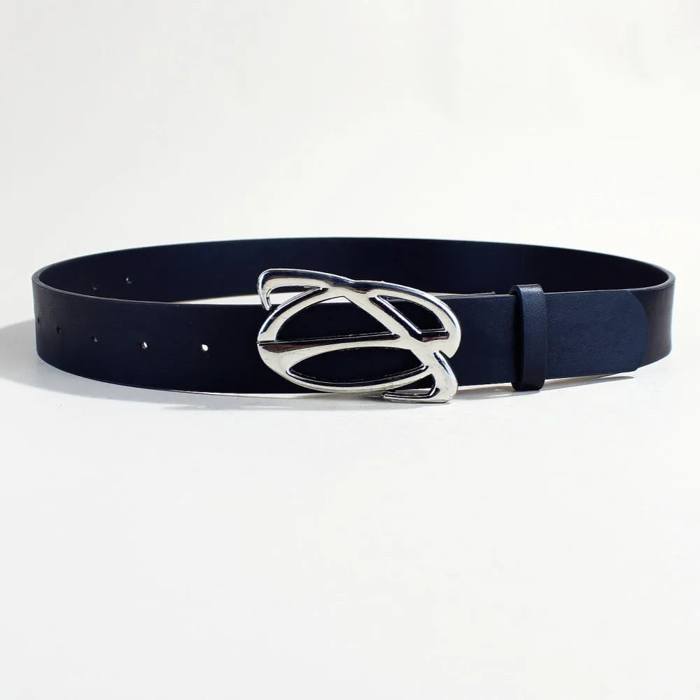 Silver buckle casual belt made from black PU leather with snap button fastening, 3.3cm wide