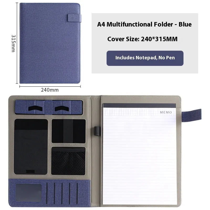 A4 leather business folder in black with pen and notepad options for office use