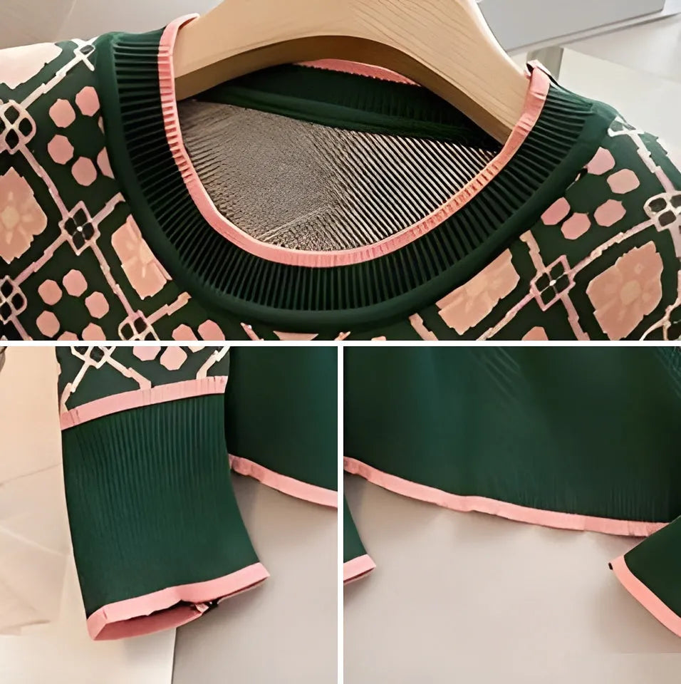 Green printed loose-fit women's jumper with regular sleeves on a hanger