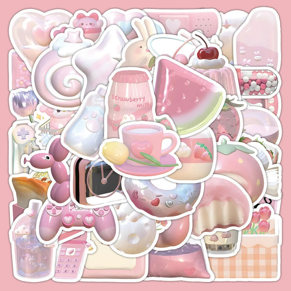 Pack of pink girl heart 3D decorative stickers showing two pattern styles, 63 pieces.