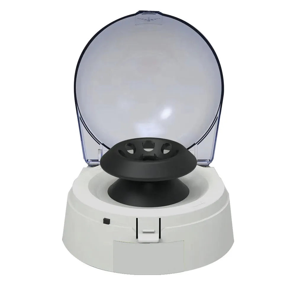 Mini laboratory centrifuge with 7000 RPM capability and compact rectangular design