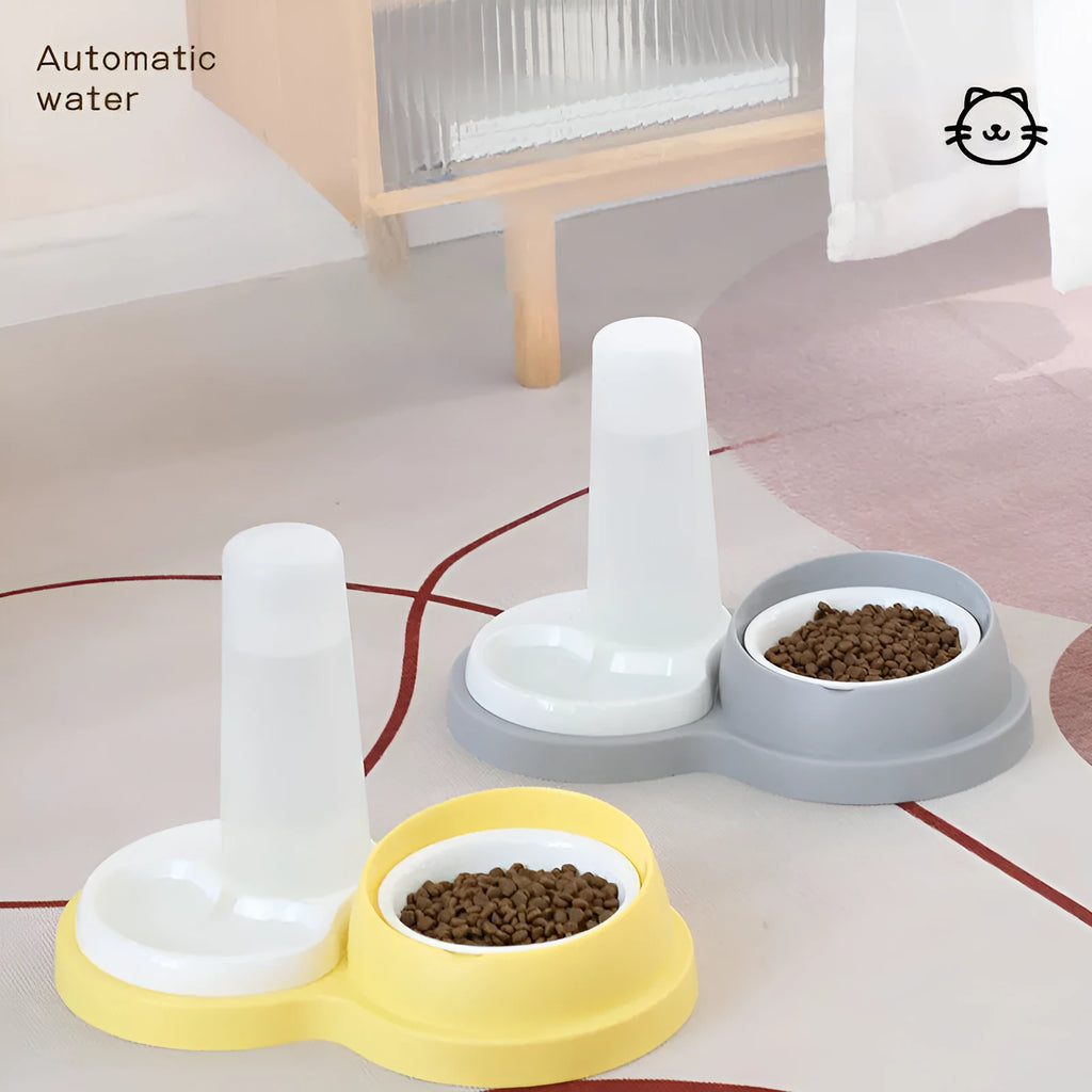 Grey and yellow pet dual feeding bowl with neck protection and non-slip design