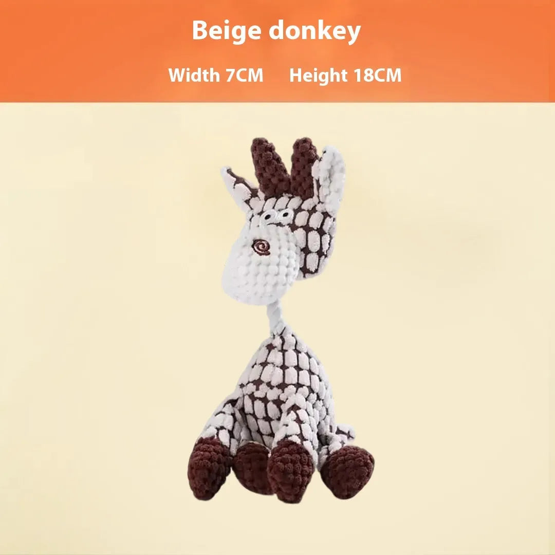 Bite-resistant puppy plush toy in animal designs including donkey, duck, elephant, and dog styles