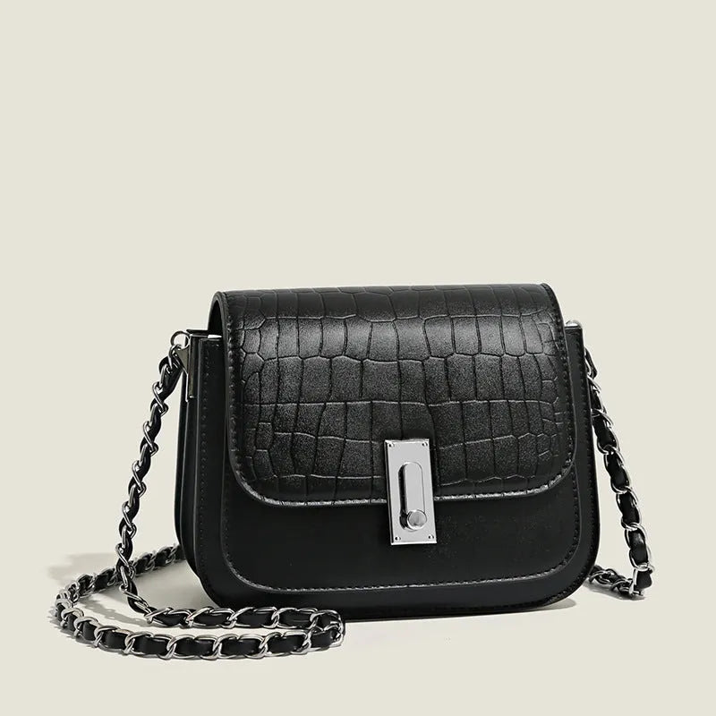 Soft PU women's cross-body chain shoulder bag in horizontal square shape with organised compartments