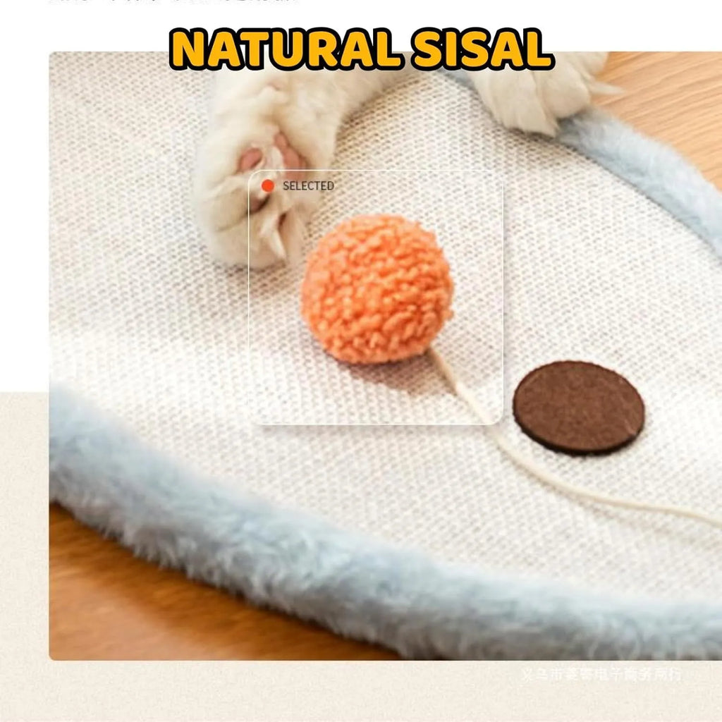 White wall-mounted cat scratching mat with natural sisal surface and sleeping cat cartoon design