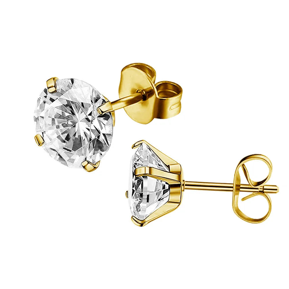 Stainless steel stud earrings with a square geometric zircon stone in a gold colour setting.